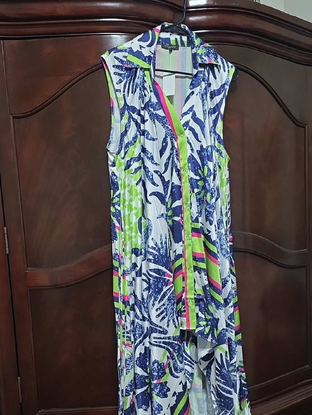 Sleeveless Tropical Print Maxi with Neon Trim